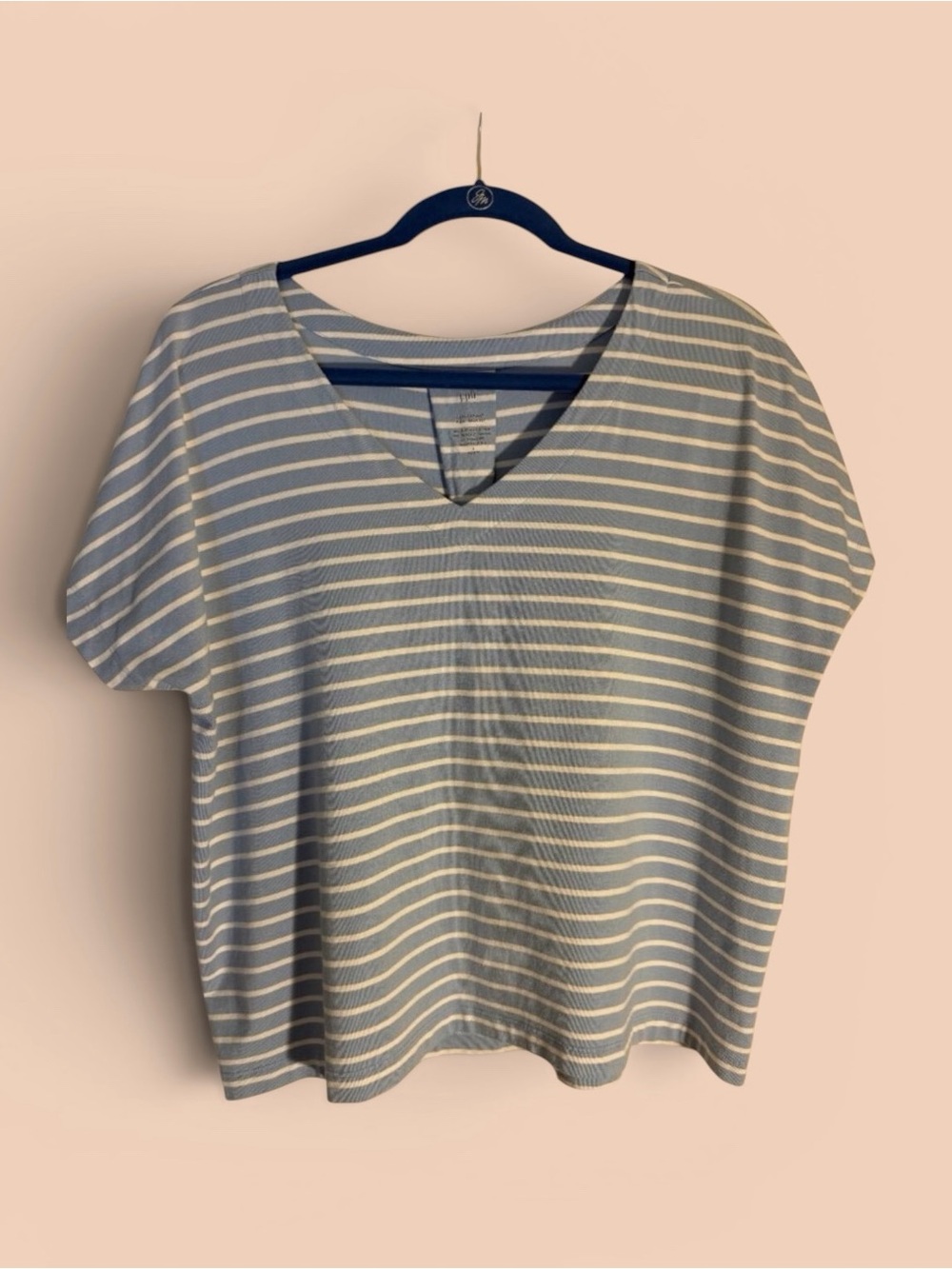 J. Jill Light Blue & White Stripe Supima Cotton Pleat Back V Neck Tee Sz L